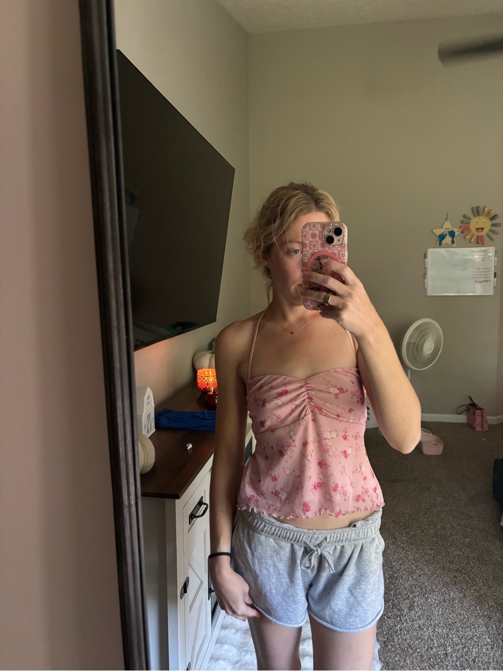 Pink Floral Spaghetti-Strap Cami with Ruched Bust
